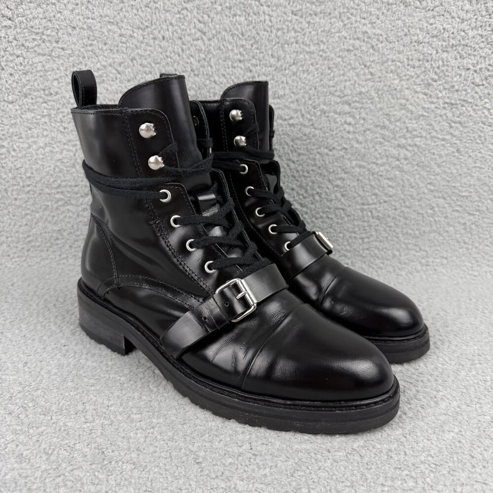 All Saints Black Leather Combat Boots with Buckle